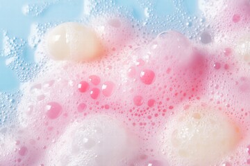 Obraz premium Colorful bubbles floating on a blue surface creating a vibrant and playful atmosphere with hints of pink hues. Generative AI