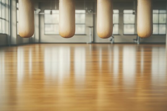 Bright training studio features hanging bags, polished wooden fl
