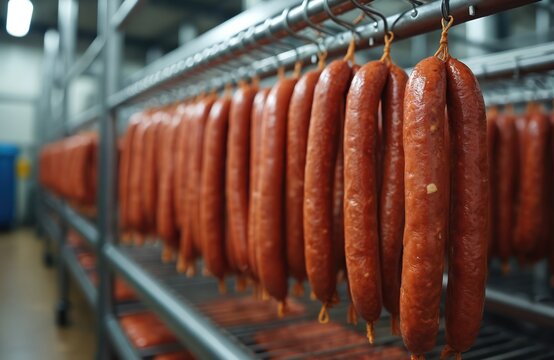 Sausages hang for drying in production plant. Food manufacturing industry, meat food processing. Smoked pork sausages drying on rack in factory. Traditional method preparation. Production line,