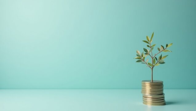 Fototapeta Startup Funding. Small green plant with fresh leaves growing on stacked golden coins, symbolizing financial growth, savings, investment, and prosperity, suitable for business, finance, ecology themes