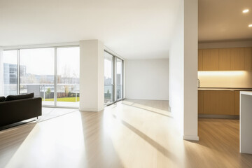 Fototapeta premium Modern unfurnished living room with large windows and natural light in urban setting