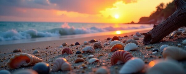 Obraz premium Seashells and driftwood scattered on a rocky beach at sunset, coastal, natural, sunset