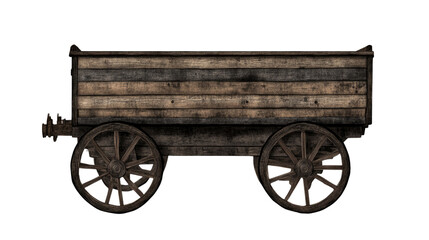 Fototapeta premium Rustic Wooden Wagon: A weathered, vintage wooden wagon with four sturdy wheels stands ready for a journey back in time. The rustic charm speaks volumes of history and enduring craftsmanship.