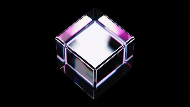 Abstract 3D render, smooth moving transparent cube with prismatic light dispersion, seamless looping motion for modern visuals