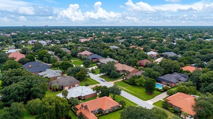 Fototapeta premium Aerial view of a suburban neighborhood surrounded by lush greenery