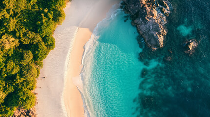 Aerial view of a hidden tropical beach with crystal-clear turquoise waters