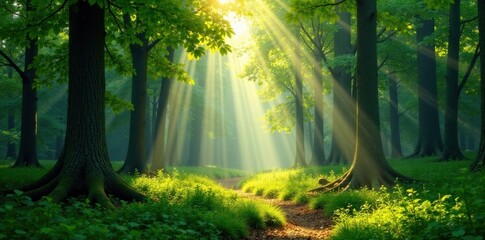 Serene forest landscape with sunlight filtering through trees creating a dappled effect, natural, sunbeams, sunlight filtering through trees