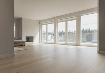 Obraz premium Modern empty living room with large windows showcasing bright natural light