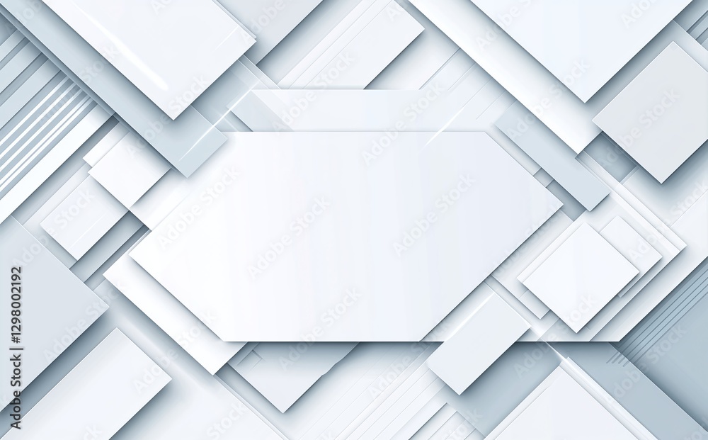 Poster an abstract composition of layered geometric shapes in white and gray tones, creating a modern and c