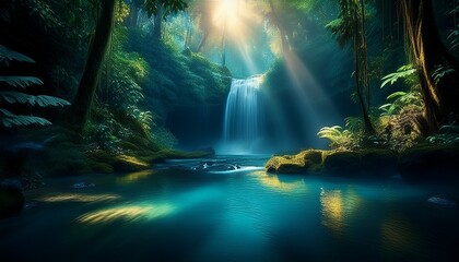 A hidden waterfall in a tropical rainforest, with sunlight filtering through the trees, creating a magical and serene atmosphere.