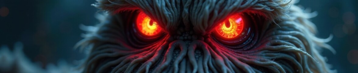 Naklejka premium Shaggy monster with glowing red eyes from close-up , monster, furry monster eyes, creature