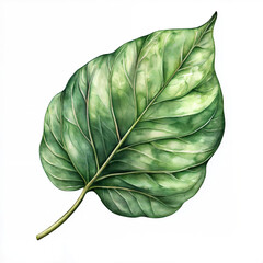 The image depicts a detailed illustration of a green leaf with prominent veins, set against a white background. The leaf is oriented with the stem pointing downwards.