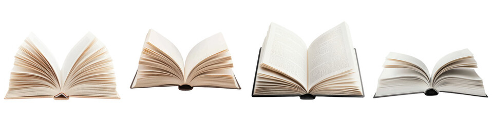 Open books displaying various stages of reading material including paperback and hardcover books with pages spines and covers visible representing education learning and intellectual