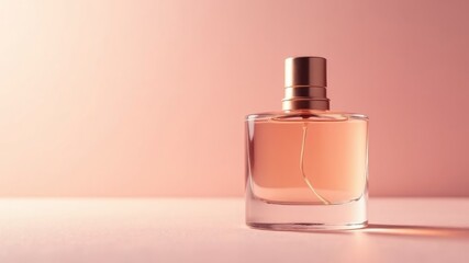 Naklejka premium glass bottle with perfume on a delicate pink background