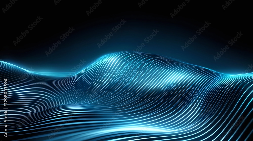 Poster an abstract representation of flowing blue waves, illuminated with soft light against a dark backgro