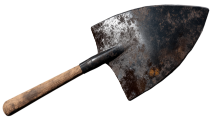 Rusty Shovel on Display: A close-up image of a vintage, rusty shovel, showcasing the worn wood handle and aged metal blade against a neutral background, embodying a sense of history and manual labor.