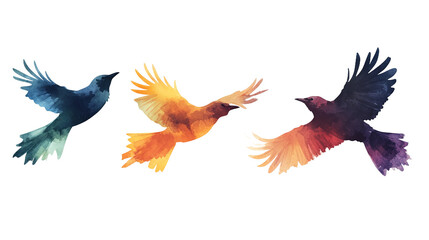 Obraz premium Three birds in vibrant watercolor flight, soaring through a dreamscape of blue, orange, and purple hues, showcasing graceful wings and a sense of freedom.