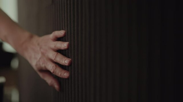 Close-up of male hand exploring texture of innovative sound-absorbing paneling, showcasing modern office design prioritizing acoustic comfort and noise reduction. Shooting in slow motion.