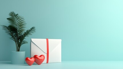 Hearts, envelope and plant on table, gift-giving, celebration, bright turquoise wall