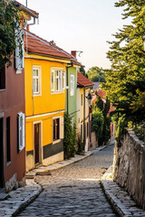 Charming cobblestone street in a European village at sunset