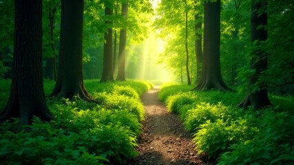 Obraz premium green forest with a path with light in the distance