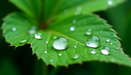 Macro Shot of Vibrant Green Leaf with Water Droplets – Nature Close-Up with Sharp Details, Visible Veins, and Glossy Reflections – Freshness, Purity, and Botanical Beauty