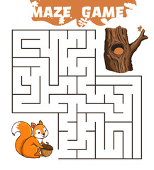 Maze puzzle with cheerful orange squirrel holding an acorn, a tree trunk with a hollow
