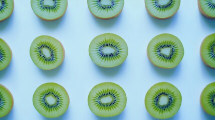 Fototapeta premium Freshly Sliced Kiwi Fruit Arranged in a Pattern on White Background