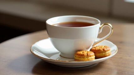 tea in a white mug in a white saucer with cookies standing on the table