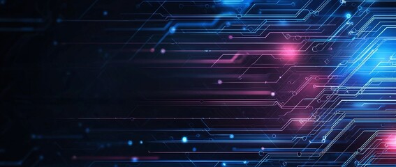 Dynamic abstract digital background showcasing flowing circuits and glowing lights, representing advanced technology and innovation. Perfect for tech-related projects and designs.