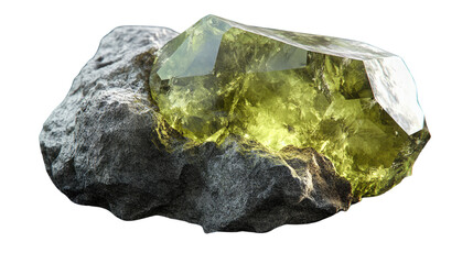 Glowing Crystal on Stone: A stunning, transparent yellow-green crystal rests atop a rough gray stone, its facets catching and reflecting light