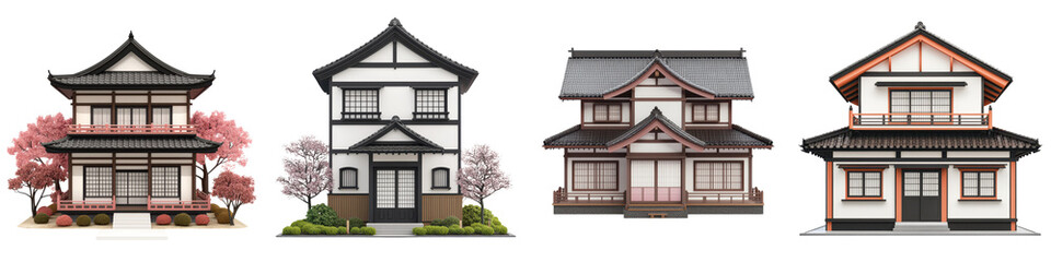 Obraz premium Magnificent Traditional Japanese Houses Nestled in Serene Natural Surroundings with Pagoda Roofs Elegant Architectural Details and Lush Landscaping