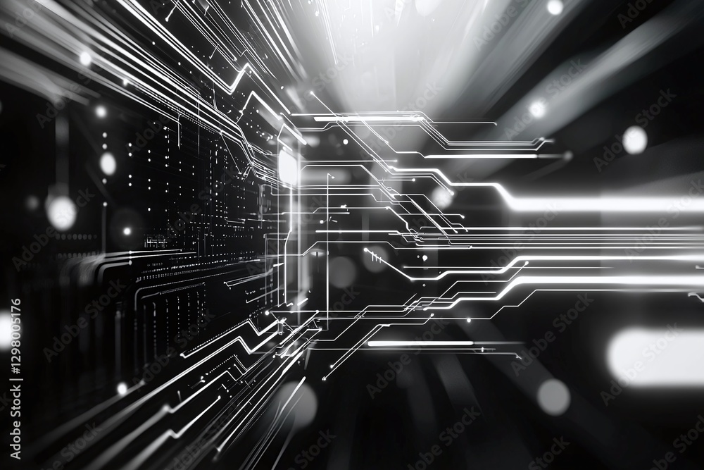 Poster futuristic abstract technology background showcasing illuminated circuits and digital elements in mo