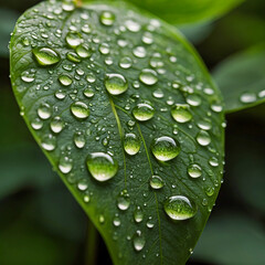 Detailed photograph showcasing glistening water droplets on a lush green leaf, emphasizing natural beauty and freshness.