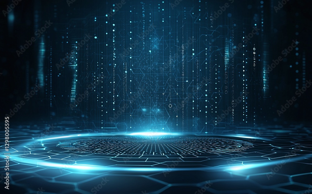 Poster futuristic digital background featuring glowing lines, hexagonal patterns, and floating particles, c