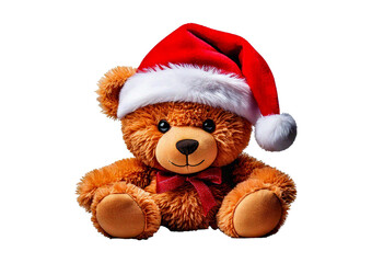 Stuffed bear wearing a santa hat toy isolated on a transparent or white background.