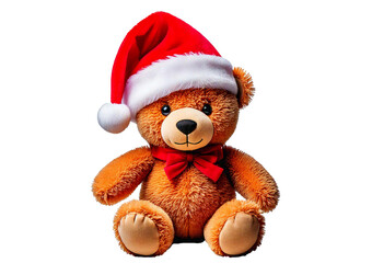 Stuffed bear wearing a santa hat toy isolated on a transparent or white background.