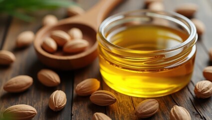 Batana Oil. Mandelic acid Seed oils alternatives Cuticle Panthenol Pistachio perfume Almond clear LEVO Asmr skincare Naturecan Golden in glass jar with raw almonds scattered on rustic wooden table, n