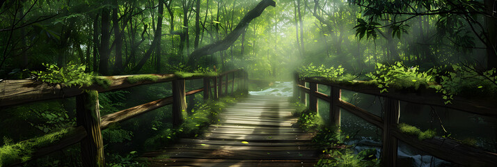 Serene Woodland Bridge Bathed in Dappled Sunlight Amidst Lush Greenery