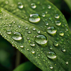 Fototapeta premium Detailed photograph showcasing glistening water droplets on a lush green leaf, emphasizing natural beauty and freshness.