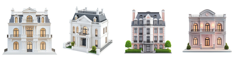 Fototapeta premium Stunning collection of historic European style mansions villas and palaces featuring ornate architectural facades elegant designs and lush landscaped exteriors in a variety of classic vintage
