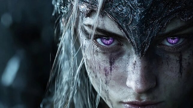 A dark elf with shadowy armor and piercing violet eyes, moody fantasy