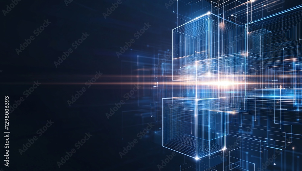 Poster futuristic digital technology background featuring floating geometric shapes with luminescent lines.