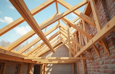 Obraz premium Wooden roof truss construction. Rafter framework under construction on brick wall. Wood beams, timber rafters against sky. New home framework roofing construction, real estate industry.