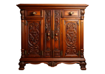 Antique cabinet restoration workshop woodblackwork close-up isolated on a transparent or white background.