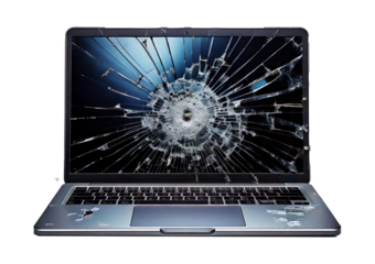 broken laptop with shattered screen, showcasing visible cracks and damage. keyboard. isolated on a transparent or white background.