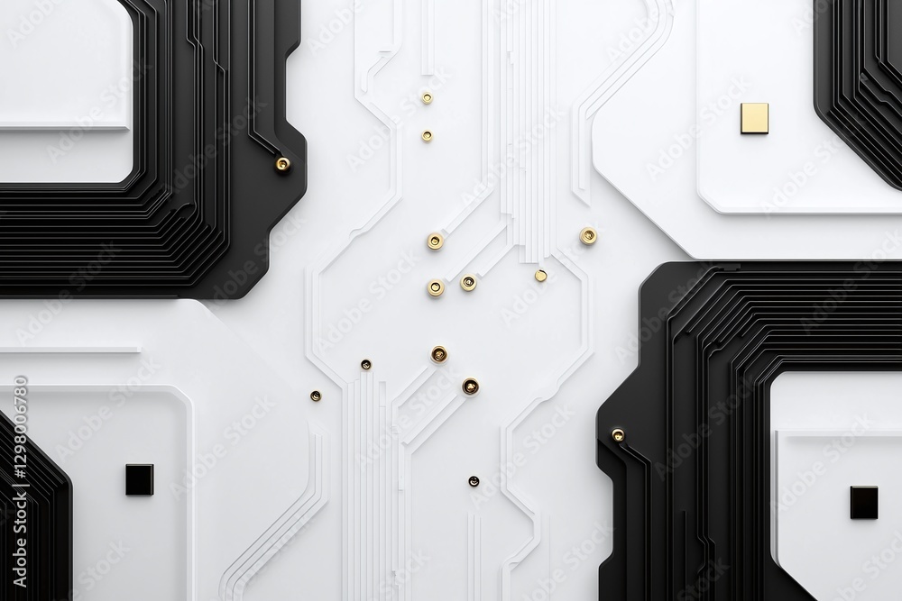 Poster high-tech circuit board design featuring contrasting black and white elements, showcasing intricate 