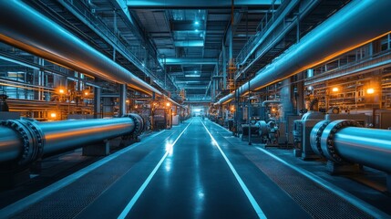 Fototapeta premium Industrial plant interior with pipes and machinery.