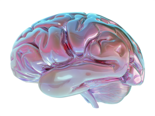 Futuristic holographic brain with iridescent reflective surface, symbolizing artificial intelligence, neuroscience, and digital thinking, isolated on white background.