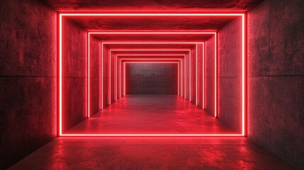 Sci Fi Futuristic Cyber Retro Gaming Showcase Product Garage Grunge Concrete Neon Laser Glowing Red Background Empty Hangar Studio Tunnel Background 3D Rendering Illustration
